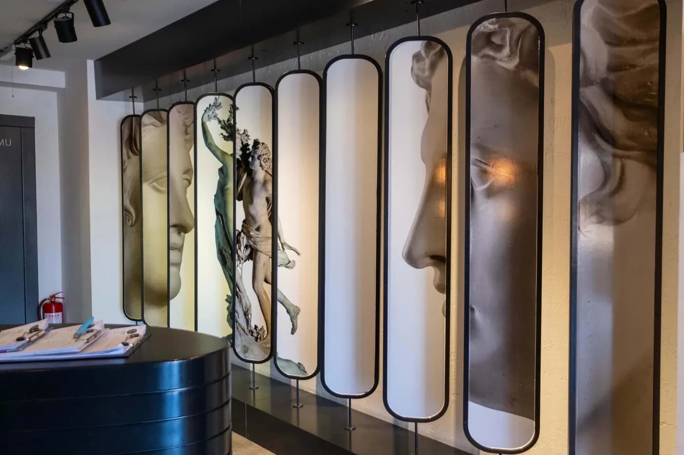 Wall panels with ancient statue motifs at the clinic entrance