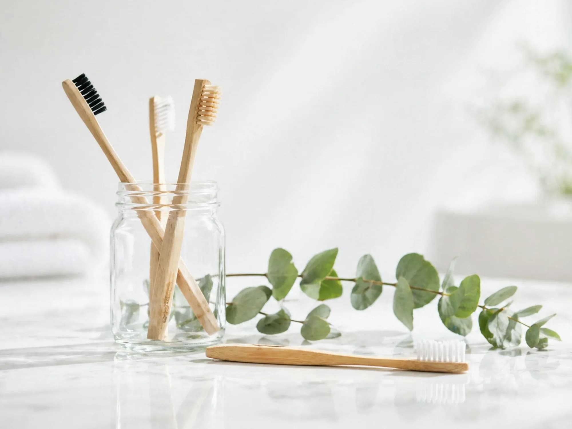 Bamboo toothbrushes in a glass jar beside a eucalyptus branch