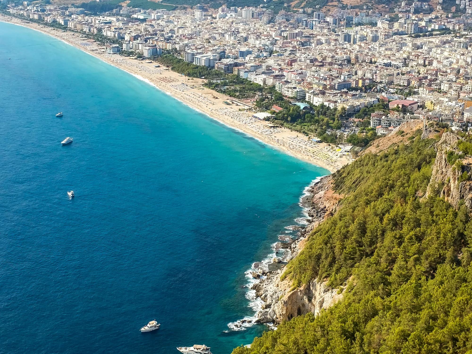 Sandy beach and turquoise sea on the Mediterranean coast, Turkish Riviera